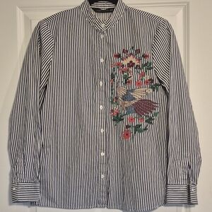 Zara Embroidered Womens Button Down  Shirt XS Navy And White Striped